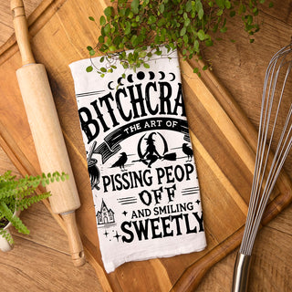 Funny adult halloween towel with bitchcraft phrase
black and white witch typography towel for modern farmhouse kitchen
sarcastic halloween hostess gift witch theme dish towel
funny witch towel for coffee bar or cocktail station décor