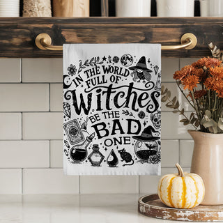 witchy halloween kitchen towel with potion bottles and skull
funny halloween hand towel with witches quote and cauldron art
gothic witch dish towel for sassy fall kitchen décor