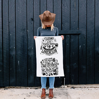 spellbinding witch quote towel for witchy best friend
black and white witch humor towel for minimalist halloween
funny witch hostess towel for hocus pocus movie night