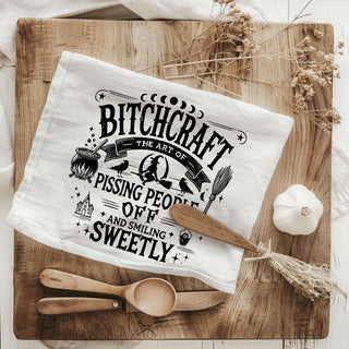 bold funny witch décor towel for open shelving
witch joke kitchen towel for ghost and ghoul gatherings
unique witch print towel for tarot and crystal lovers