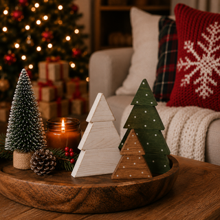 Hand painted rustic wooden spruce christmas trees. 
Neutral CHristmas decorations for coffee tables.
Neutral christmas tree decorations for tiered trays.
Christmas housewarming gift ideas
Cute christmas decoration gift ideas for her new house. 
White christmas tree decorations
wood christmas trees with polk a dots on them.
USA made christmas decorations for shelf styling. 