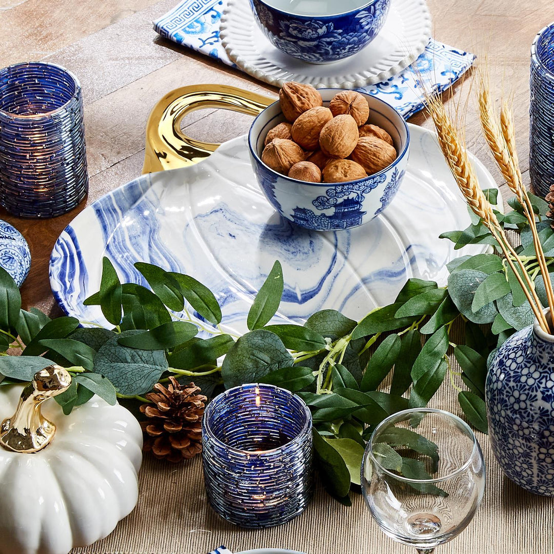 Luxury Halloween Serving Platters - Blue and White Marbled Plates