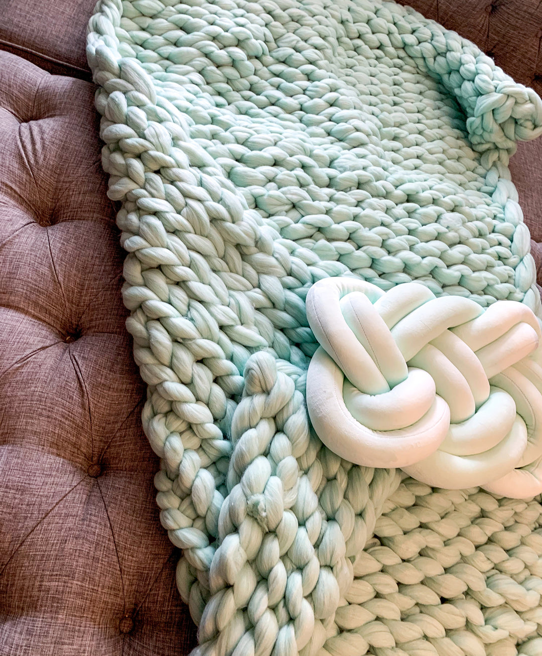 Mint Chunky Knit Blanket, Handmade USA