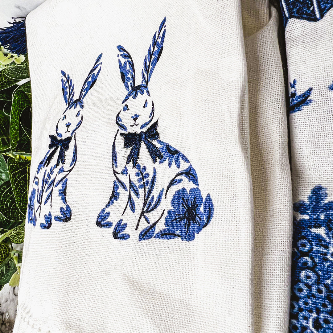 Bunny Dish Towels Blue and White, Blue Willow Kitchen