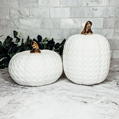 White LED pumpkins with Gold Stem Accents
