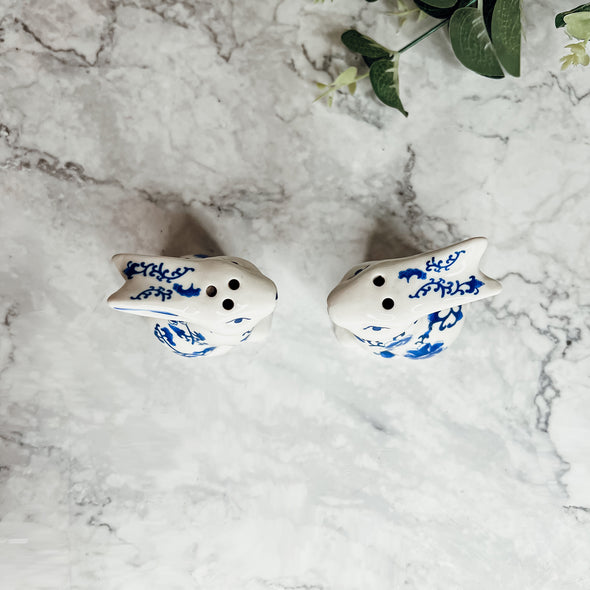 Salt & Pepper Shakers Hand Painted Blue and White Bunny