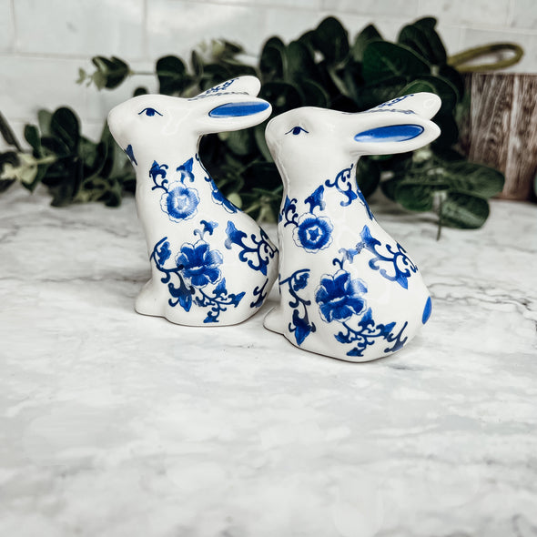Salt and Pepper Shakers Ceramic Bunny, Blue and White
