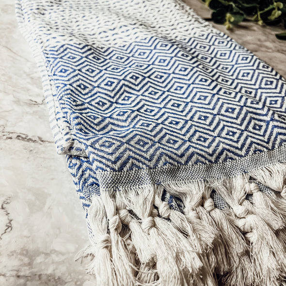 Blue Bathroom Towels made from all cotton with tassels