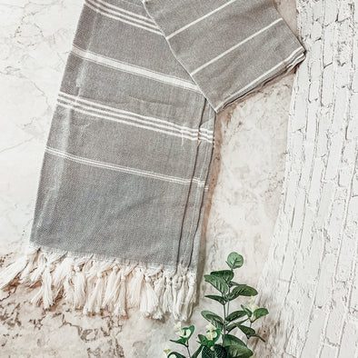 Gray Stripe Towels With White Tassels - Peshtemal Towels