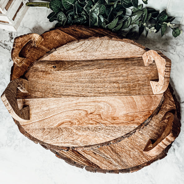 Wood Serving Boards with Handles, Natural Bark Edge Trays