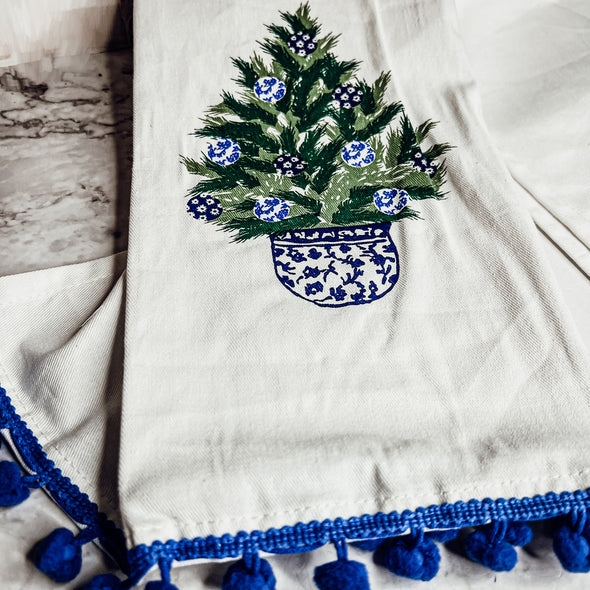 Chinoiserie Christmas Tree Decor on Handmade Tea Towels