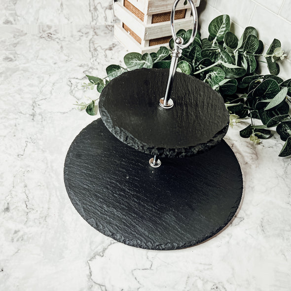 Slate stand with 2 levels circular slate rounds, Tiered Slate Server Round