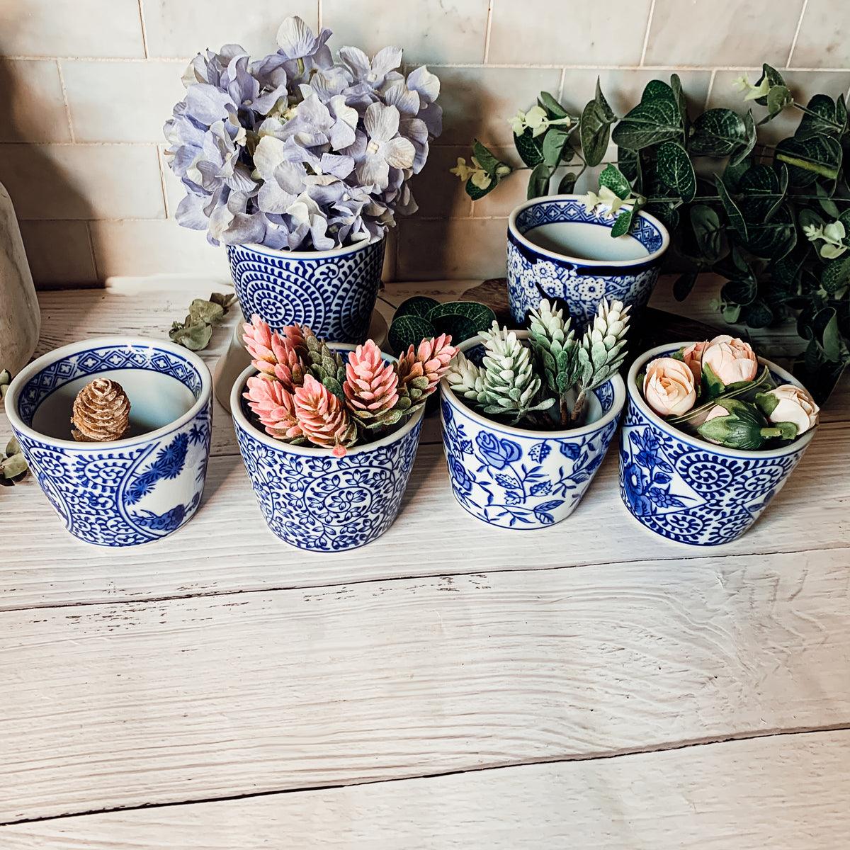 cache pots for plants Cachepots Blue and White, Hand Painted Cachepot Planter Chinoiserie Style 6pk: 1 of each