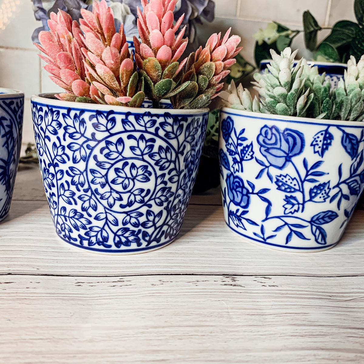 patterned plant pots Cachepots Blue and White, Hand Painted Cachepot Planter Chinoiserie Style 6pk: 1 of each