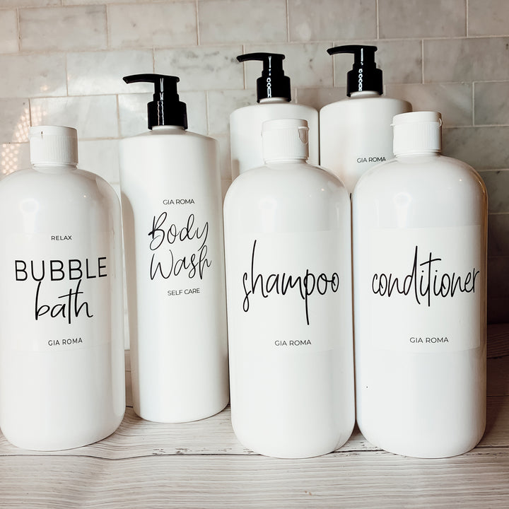 White Bathroom Remodel on a Budget Ideas, Reusable Shower Bottles