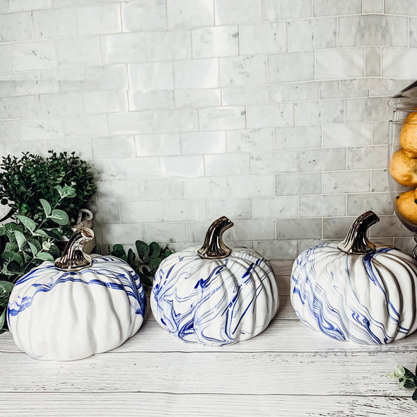 Blue Painted Pumpkins with Gold Accents, Fall Inspo