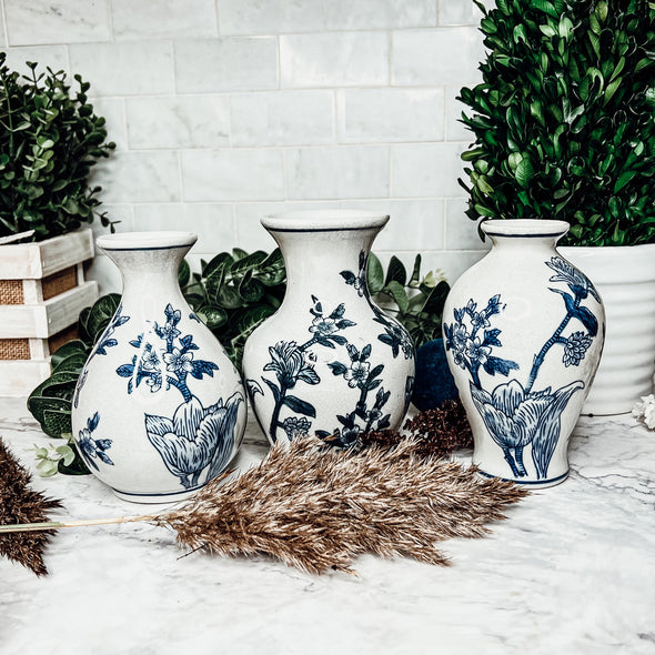 Vase Set Decor, Set of 3 Vases Blue and White Handmade