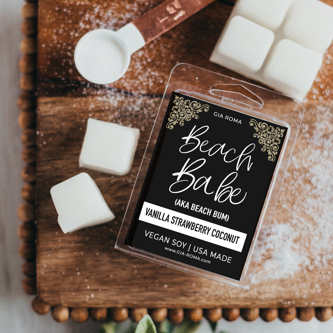 Vanilla Strawberry Coconut Wax Melts with Funny Black Label Beach Babe