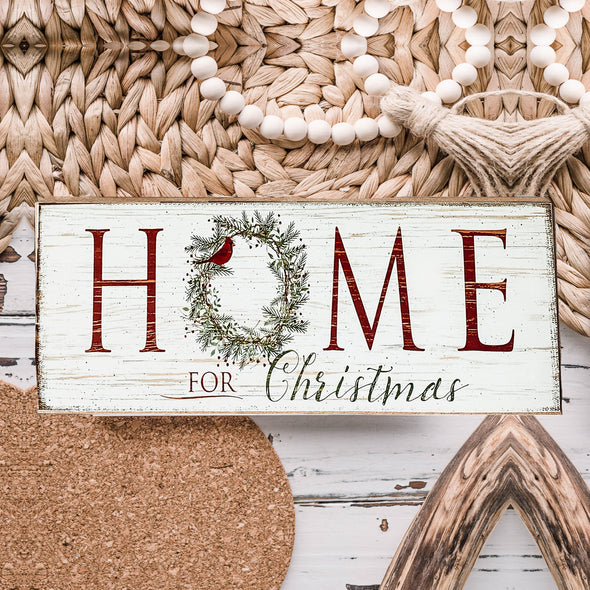 Home for Christmas Wooden Sign with Wreath and Red Robin Graphic