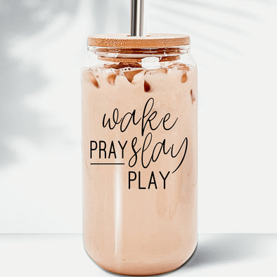 Wake Pray Slay Play Coffee Mug Glass With Bamboo Lid and Metal Straws